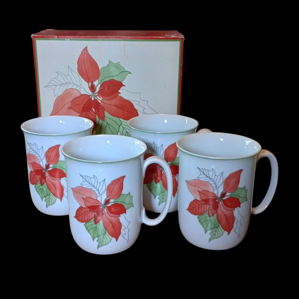 Block SPAL Portugal Set/4 Mugs Watercolor Poinsettia by Mary Lou Goertzen